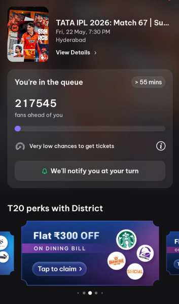 The waiting list for SRH vs RCB tickets on the District App had crossed 2 lakhs on Friday. 