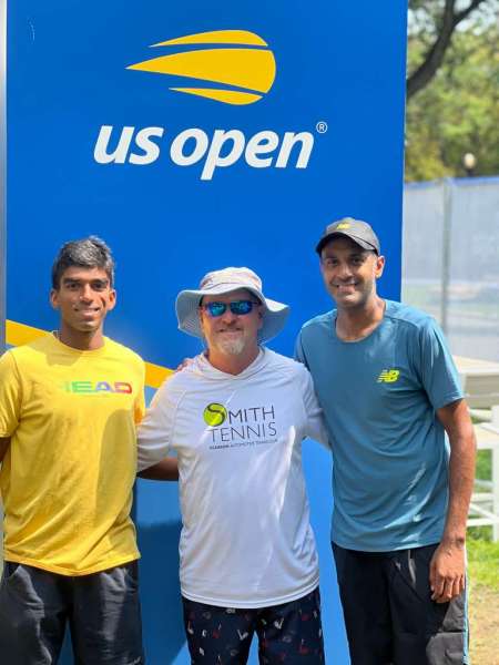 Nishesh Basavareddy with coach Bryan Smith and six Grand Slam doubles winner and two-time Olympics doubles medallist Rajeev Ram. (Special Arrangement)