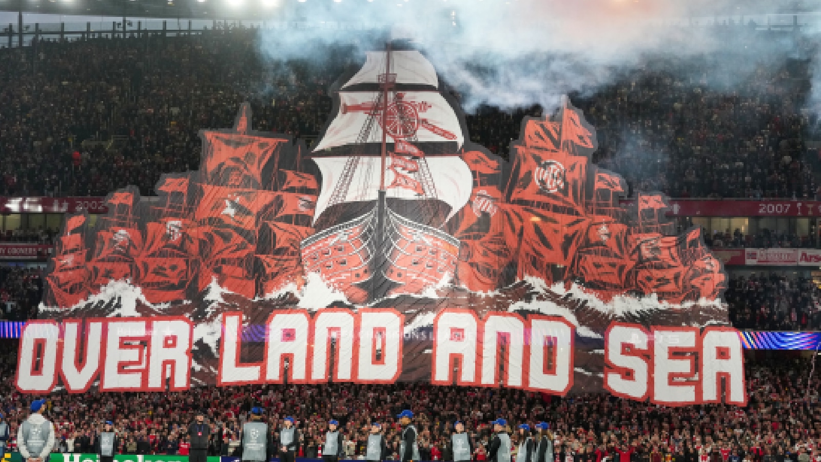 A banner hangs from the stadium roof before the start of a Champions League semifinal, second leg, soccer match between Arsenal FC and Atletico Madrid in London, Tuesday, May 5, 2026. (AP Photo)