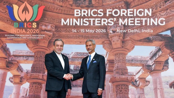 External Affairs Minister S. Jaishankar welcomes Iranian Foreign Minister Abbas Araghchi during the BRICS Foreign Ministers’ Meeting 2026