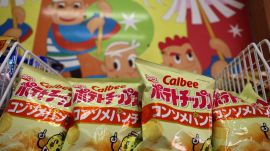 Calbee potato chips on display at a confectionery speciality store in Tokyo, Japan, May 12, 2026. (REUTERS)