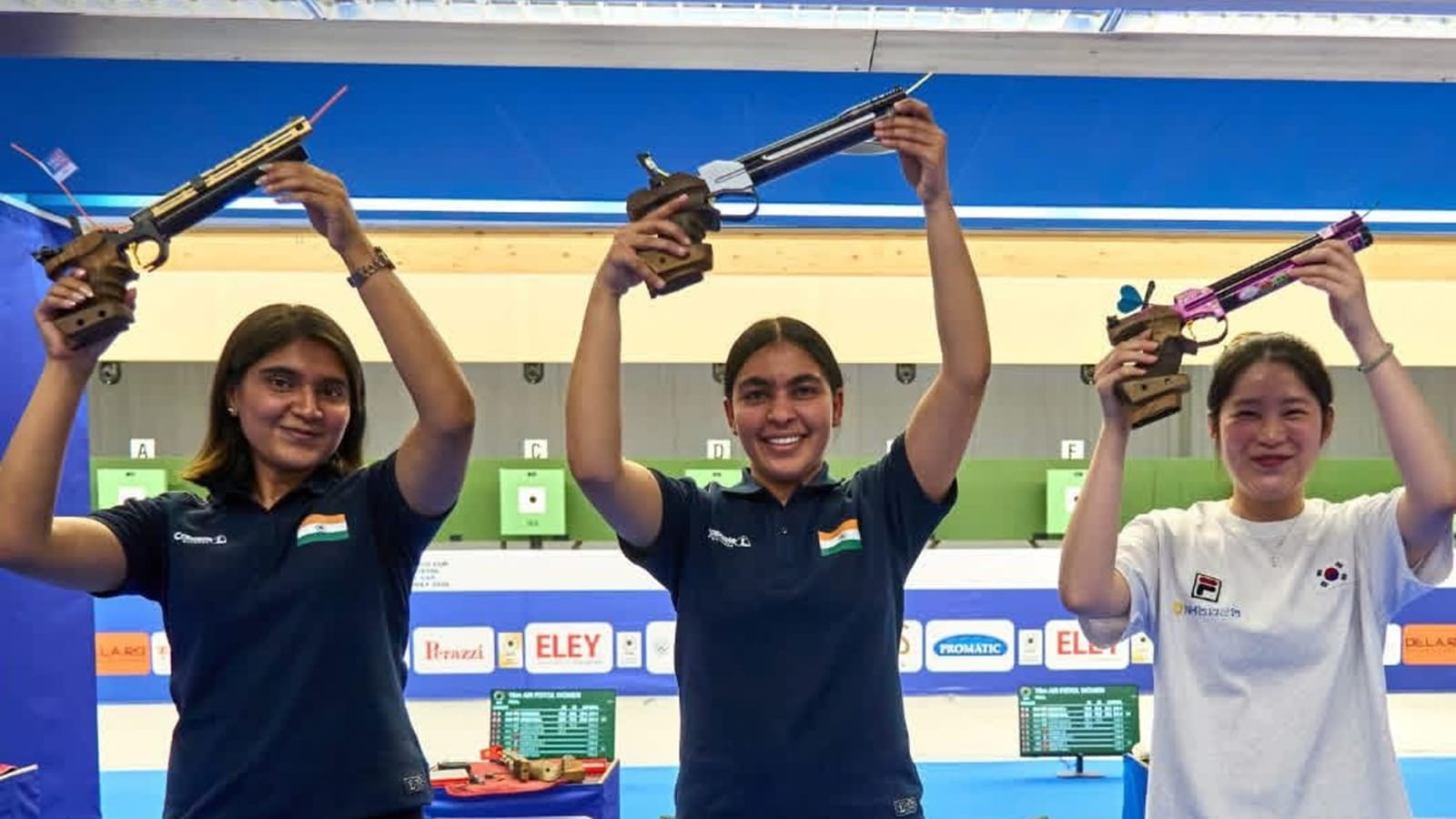 Phogat (centre) and Esha (right) won gold and silver respectively while Korea's Choo Gaeun won bronze. (ISSF Photo)
