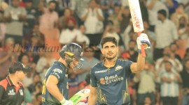 Shubman Gill got there with his 15th four of the innings. (Express Photo by Kamleshwar Singh)