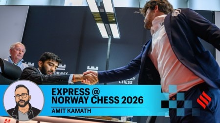 World No 1 Magnus Carlsen and world champion D Gukesh at the start of their Norway Chess fourth round clash at the Deichman Bjørvika in Oslo. (Photo: Michal Walusza/Norway Chess)