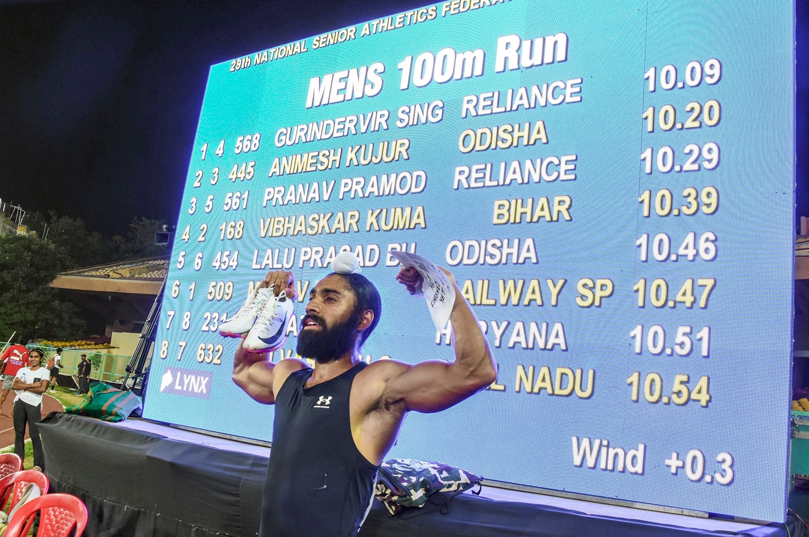 Gurindervir Singh poses for photographs after he recorded a 10.09s finish in the 100 meter event to shatter the national record at the Birsa Munda Football Stadium in Ranchi. (PTI Photo)