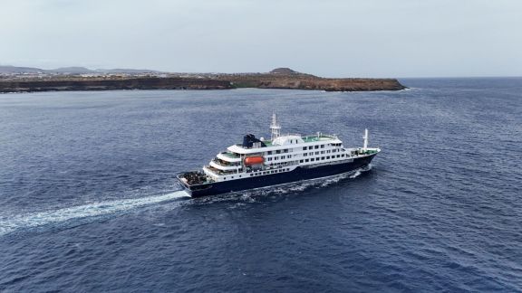 A drone view of the cruise ship MV Hondius, carrying passengers suspected of having cases of hantavirus on board, leaves Praia, Cape Verde, May 6, 2026. (REUTERS)
