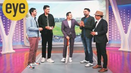 (From L) Shivam Singh; Rahul Sharma; Aakash Chopra; Dhawal Kulkarni; Satya Prakash at the Mumbai studio, getting ready to start the regional language commentary feeds for the IPL match. (Photo by Amit Chakravarty)