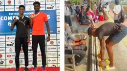 Kavinraja, the reigning U20 Federation Cup champion, with his poles at a railway station (right). (Photos by special arrangement)