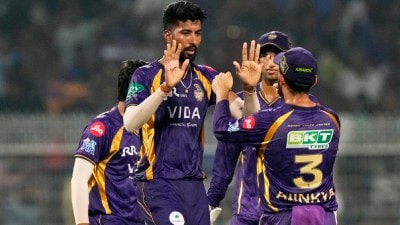 Kolkata Knight Riders' Saurabh Dubey, centre, celebrates with teammates the wicket of Mumbai Indians' Suryakumar Yadav during the Indian Premier League cricket match between Kolkata Knight Riders and Mumbai Indians, in Kolkata , India, Wednesday, May 20, 2026. (AP Photo)