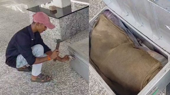 A visual of the box and bag, consisting of a decapitated torso and limbs of a body, recovered during the train's coach cleaning, in Lucknow on Sunday. (Lucknow GRP Media Group/ANI Video Grab)