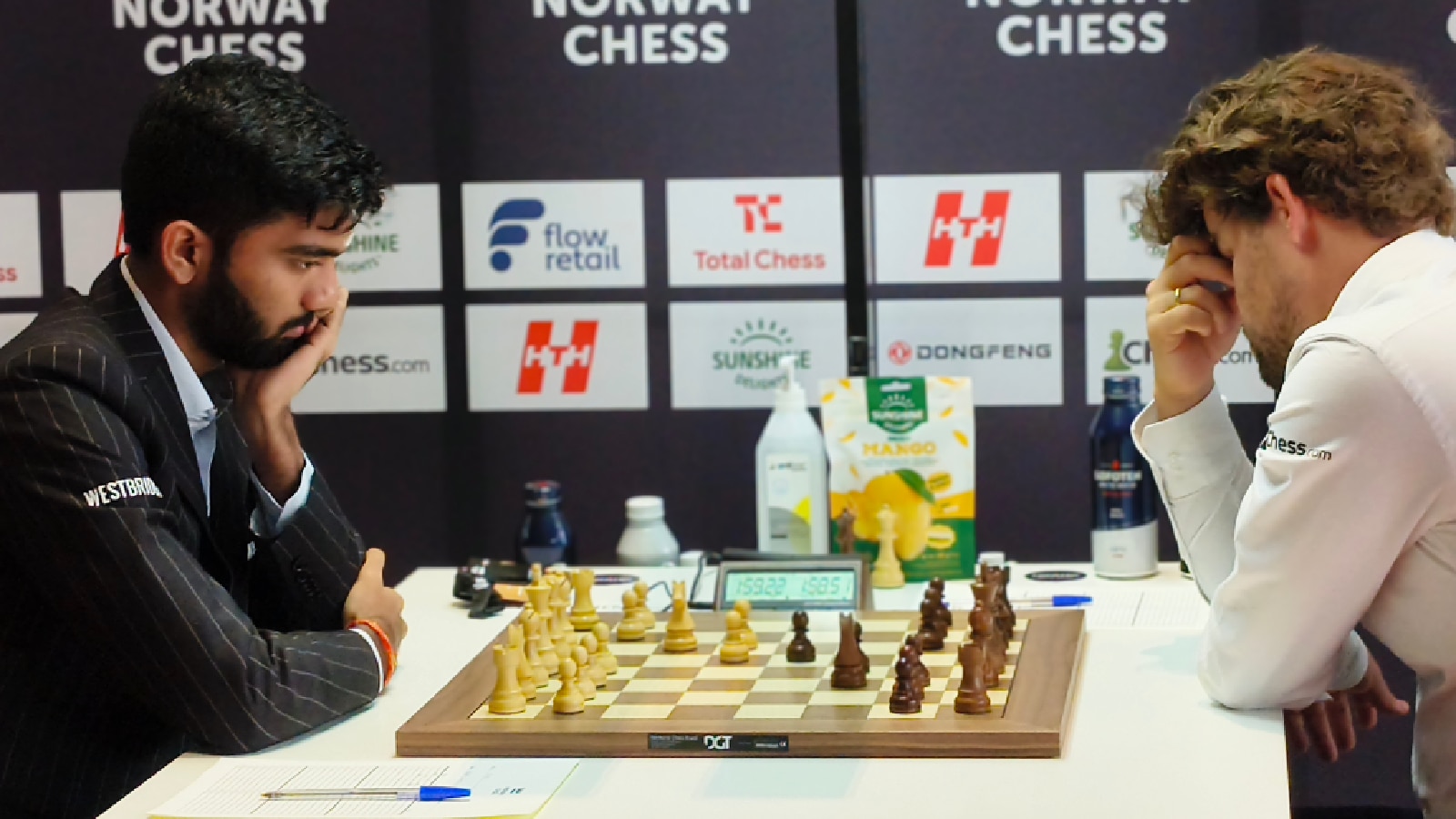 Magnus Carlsen contemplates his next move against Gukesh at the Deichman Bjørvika in Oslo. (Express Photo by Amit Kamath)