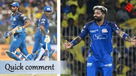 (LEFT) Mumbai Indians' Tilak Varma and Suryakumar Yadav take a single; (RIGHT) Mumbai captain Hardik Pandya reacts in the field during an IPL 2026 game. (Photos: AP)