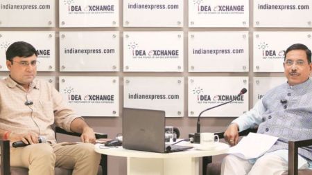 Union Food Minister Pralhad Joshi during the Idea Exchange. (Express Photo by Gajendra Yadav)
