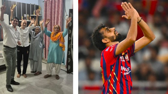 (LEFT) Prince Yadav's parents (centre) celebrate with relatives after he was named in the India squad; (RIGHT) Prince celebrates a wicket for LSG in IPL 0226. (Photos: Special arrangement and AP Photo)