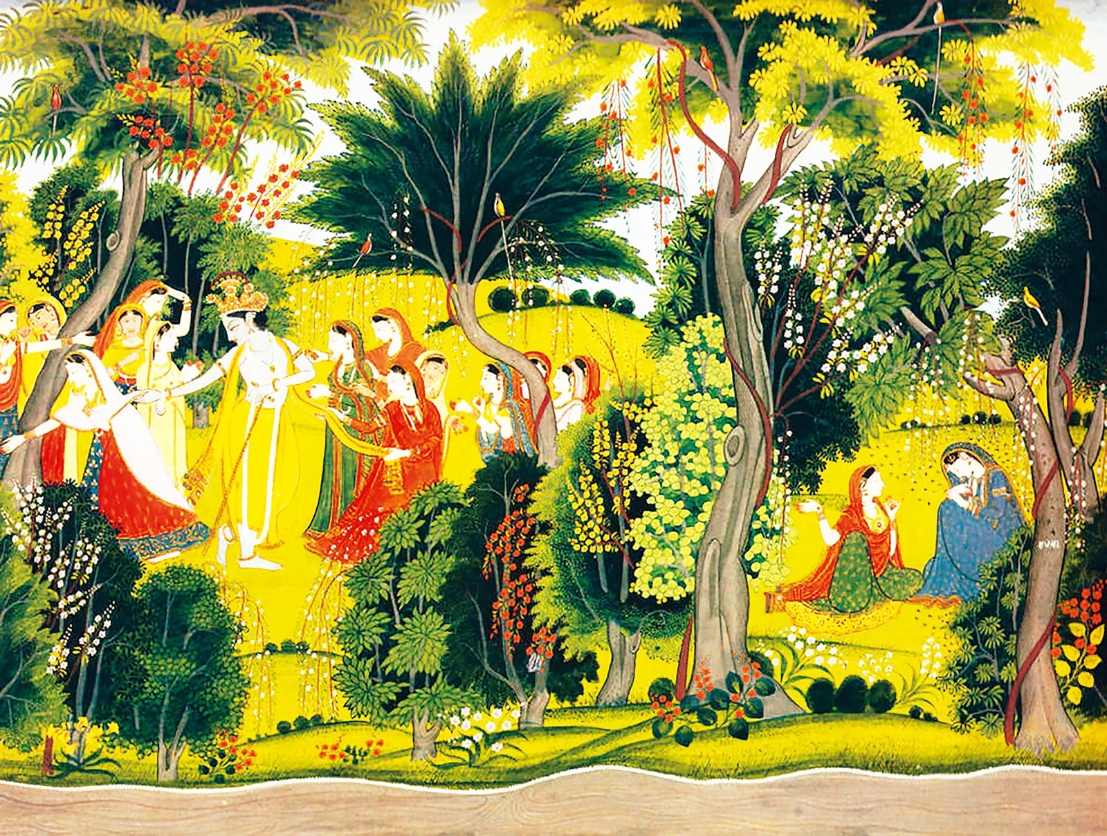 A Pahari painting depicting Krishna performing raas with gopis, as Radha sulks in the corner (Wikimedia commons)