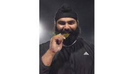 Samardeep Singh Gill after winning gold in shot put on the last day of National Senior Federation Competition at Birsa Munda Football Stadium in Ranchi. (PTI Photo)