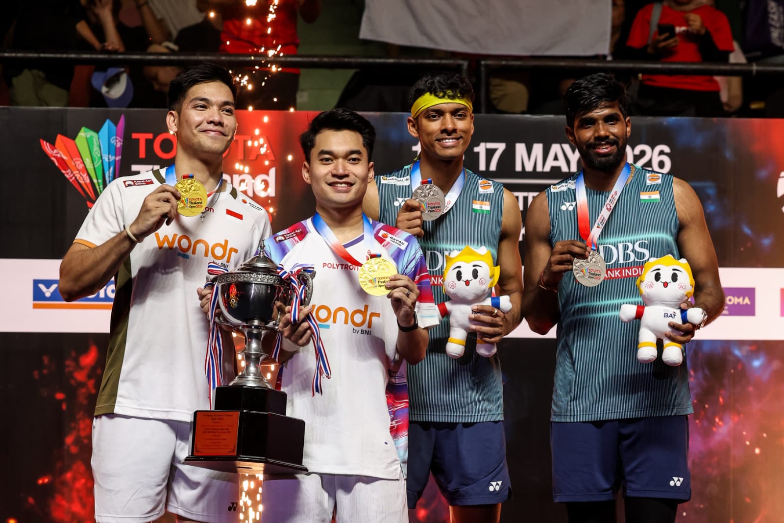 Satwiksairaj Rankireddy and Chirag Shetty at the medal ceremony with Leo Rolly Carnando and Daniel Marthin after the Thailand Open final. (Badminton Photo)