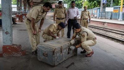 The body was discovered inside a trunk and bag in a sleeper coach of a train at Lucknow’s Gomtinagar station (ANI screengrab)
