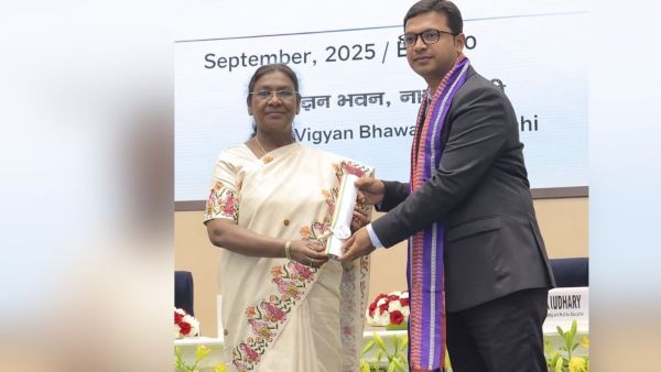 Madhusudhan K S receiving the national award for best teacher in 2025 from President Droupadi Murmu. (Express Photo)