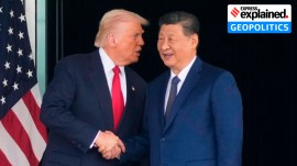US President Donald Trump, left, and Chinese President Xi Jinping, shake hands after their U.S.-China summit talk at Gimhae International Airport Jinping in Busan, South Korea, Oct. 30, 2025.