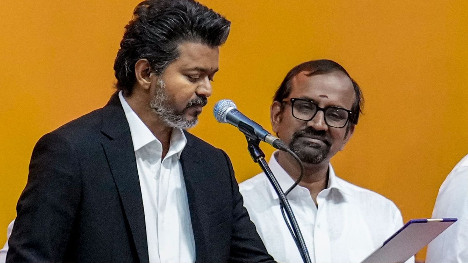 C Joseph Vijay takes oath as Tamil Nadu Chief Minister, signs off on free power, women’s safety and anti-drug measures, and signals firm control.