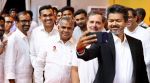 Chennai, May 10 (ANI): Newly-elected Chief Minister of Tamil Nadu C. Joseph Vijay clicks a selfie with Lok Sabha Leader of Opposition and Congress MP Rahul Gandhi and others after the swearing-in ceremony, in Chennai on Sunday. (AICC/ANI Photo)