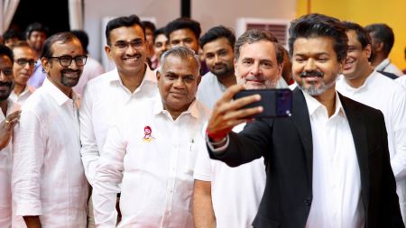 Chennai, May 10 (ANI): Newly-elected Chief Minister of Tamil Nadu C. Joseph Vijay clicks a selfie with Lok Sabha Leader of Opposition and Congress MP Rahul Gandhi and others after the swearing-in ceremony, in Chennai on Sunday. (AICC/ANI Photo)