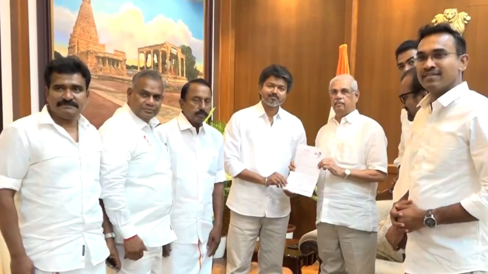 TVK chief Vijay meets governor Rajendra Vishwanath Arlekar and stakes claim to form Tamil Nadu government.