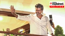 TVK chief Vijay greets supporters from the residence of his father SA Chandrasekhar, as he leads in vote counting in the Tamil Nadu Assembly election results, in Chennai, May 4.