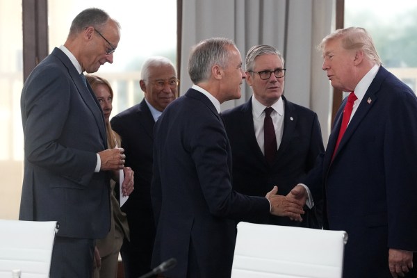 German Chancellor Friedrich Merz, Italian Prime Minister Giorgia Meloni, European Council President Antonio Costa, Canadian Prime Minister Mark Carney, British Prime Minister Keir Starmer and US President Donald Trump. (REUTERS)