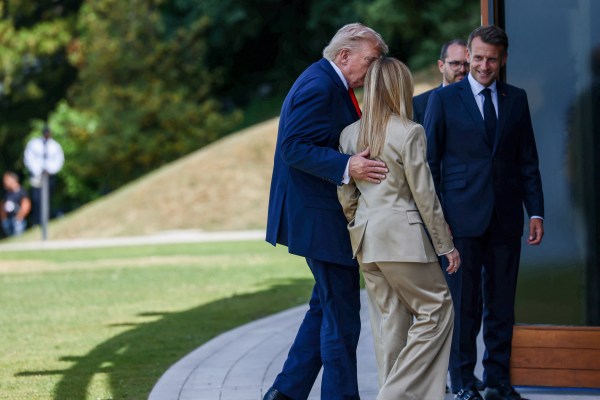 US President Donald Trump, Italian Prime Minister Giorgia Meloni and French President Emmanuel Macron. (REUTERS)