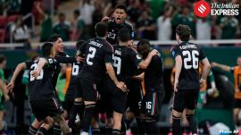 Mexico players celebrate after Mexico's Luis Romo (7) scored the opening goal during the World Cup Group A soccer match between Mexico and South Korea