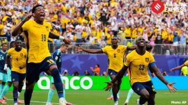 Ecuador players celebrate after the World Cup Group E soccer match between Ecuador and Germany in East Rutherford