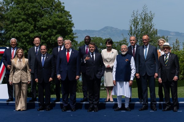 European Council President Antonio Costa, Italy's Prime Minister Giorgia Meloni, South Korea's President Lee Jae Myung, Egypt's President Abdel Fattah al-Sisi, Britain's Prime Minister Keir Starmer, U.S. President Donald Trump, Kenya's President William Ruto, France's President Emmanuel Macron, Japan's Prime Minister Sanae Takaichi, India's Prime Minister Narendra Modi, Canada's Prime Minister Mark Carney, Germany's Chancellor Friedrich Merz, European Commission President Ursula von der Leyen and Brazil's President Luiz Inacio Lula da Silva gather for a group photo at the G7 summit, Tuesday, June 16, 2026, in Evian-les-Bains, France. (AP)