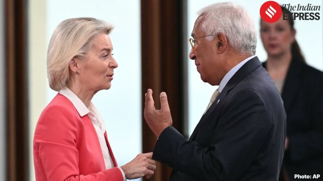 European Commission President Ursula von der Leyen, left, speaks with European Council President Antonio Costa