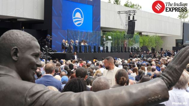 Former President Barack Obama speaks during the dedication ceremony for the Obama Presidential Center