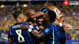 Brazil's Matheus Cunha (9) celebrates after scoring his side's opening goal with teammates