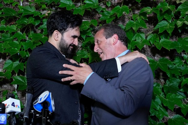 New York City Mayor Zohran Mamdani greets Brad Lander, candidate for New York’s 10th Congressional District, after winning the primary elections in Brooklyn, New York, US, June 23, 2026. (REUTERS)