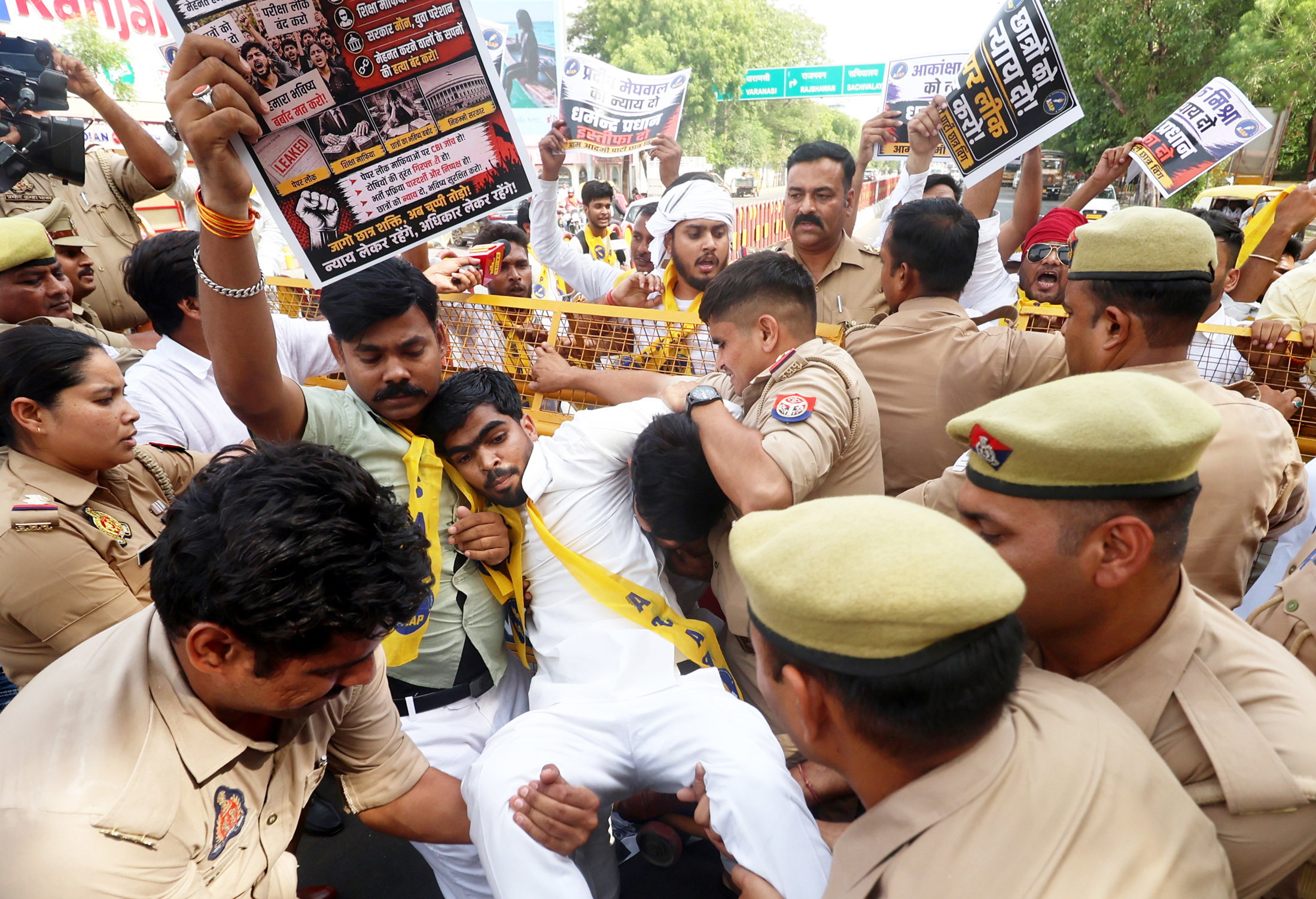 Police and demonstrators tussle during a protest on the NEET paper leak. Express Photo by Vishal Srivastav