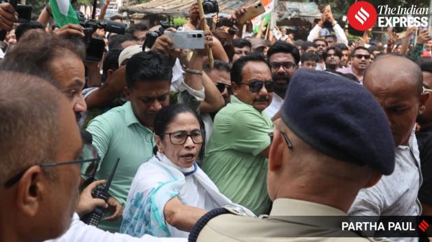 The protest was marked by chaos with TMC workers shouting slogans