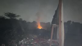 The Municipal Corporation of Gurugram’s (MCG) secondary waste dumping point at Khandsa caught fire on Wednesday night. (Express Photo)