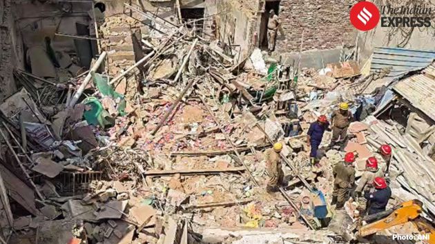 A 2,250-square-foot single-storey house collapsed following a suspected cylinder blast in North Delhi’s Mukundpur