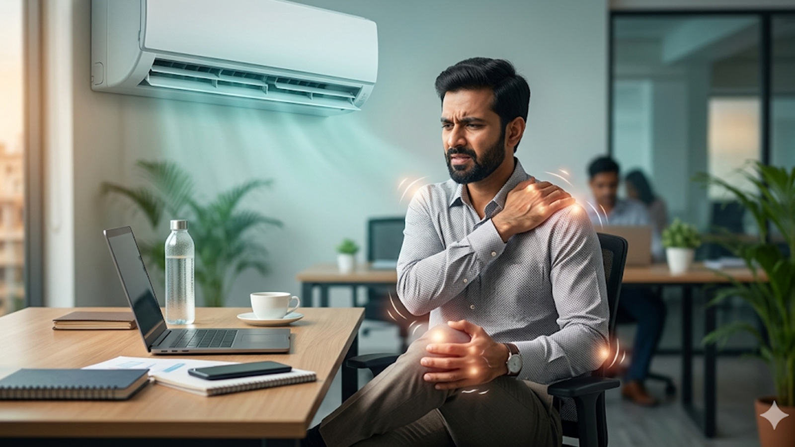 Person working in AC office experiencing joint stiffness