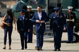 Vice President JD Vance, center, and second lady Usha Vance, left, walk from Marine Two as they arrive at Joint Base Andrews, en route to Switzerland. (AP file)