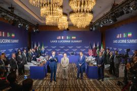From left, US Vice-President JD Vance, Prime Minister of Islamic Republic of Pakistan, Shehbaz Sharif and Premier minister of Qatar Mohammed bin Abdulrahman bin Jassim Al Thani, at the Buergenstock resort resort in Obbuergen, near Lucerne, Switzerland, Sunday, June 21, 2026. (Urs Flueeler, Pool Photo via AP)
