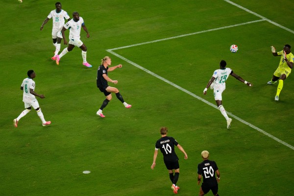 Erling Haaland (9) scoring his side's third goal during against Senegal. (AP Photo/Seth Wenig)