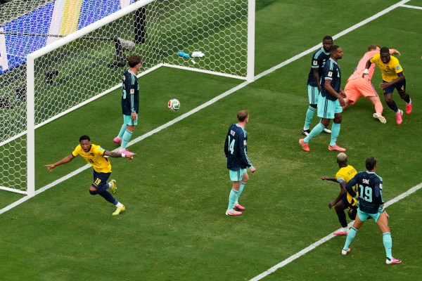 Ecuador's Gonzalo Plata (19) celebrates his go-ahead goal during the World Cup match against Germany. (AP Photo/Seth Wenig)