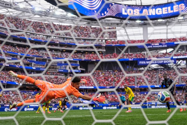 A wave of yellow shirts lashing in, Eustaqio calmly took a touch, and with the second smoked the ball into the bottom-left. (AP Photo)