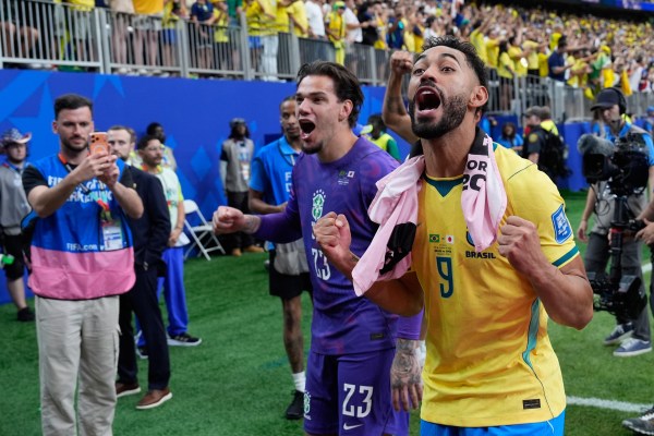 Brazil's Matheus Cunha (9) celebrates after the World Cup round of 32 match between Brazil and Japan in Houston, Monday. (AP Photo/David J. Phillip)