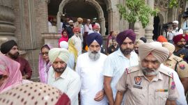 Shiromani Akali Dal leader Bikram Singh Majithia, centre, during the hearing of AAP MLAs in connection with the Jagat Jyot Sri Guru Granth Sahib Satkar (Amendment) Act, 2026, at the Secretariat of Sri Akal Takht Sahib, in Amritsar, Punjab, Monday, June 29. (PTI Photo)